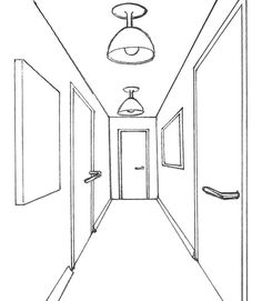 a line drawing of a hallway with an open door and light fixture on the ceiling