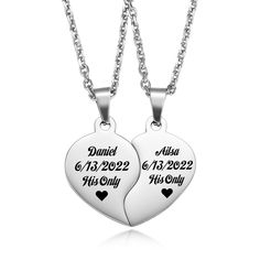 PRICES MAY VARY. 💕 2pcs Matching Heart Necklace - Express your deep care for him/her by engraving his/her name, initials, date, phrase, Roman numerals or coordinates. 💕 Special Design - The necklace consists of two separate halves of the heart, which together form a complete heart that can be worn by two people. 💕 Material and Size - Made of high-quality 316 stainless steel, which is not easy to fade or oxidize, and is durable. Chain length: The chain for style A and style B is 20'' and 24'', Matching Necklace For Couples, Necklaces For Couples, Relationship Jewelry, Relationship Necklaces, Matching Necklaces For Couples, Heart Puzzle, Friendship Necklace, Shape Puzzles, Friendship Necklaces