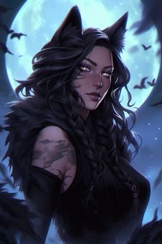 a woman with black hair and tattoos standing in front of a full moon filled sky