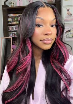 Pink Highlights Lace Front Wig, Pink Black Hair Black Women, Black With Pink Highlights Wig, Pink Hair Streaks Black Women, Pink Highlight Sew In, Pink And Black Lace Front Wig, Birthday Hairstyles With Color