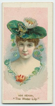 an old fashioned card with a woman wearing a green hat