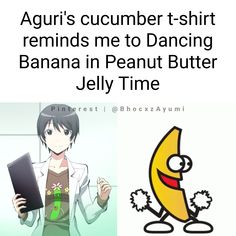 an anime character holding a banana next to another cartoon character with the caption's name