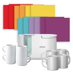 an assortment of coffee cups and mugs in front of color swatches on a white background