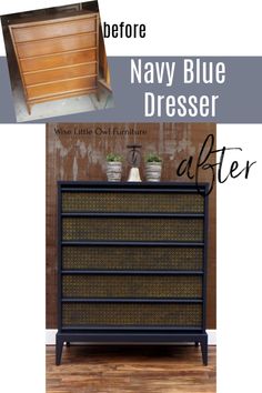 before and after photos of navy blue dresser with wicker drawers, including the bottom drawer