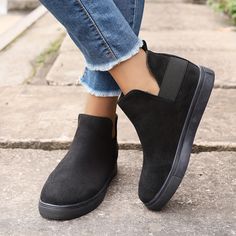 Women's Flat High Top Sneakers, Solid Color Round Toe Slip On Ankle Boots, Comfortable Suedette Shoes Casual High-top Chelsea Boots For Spring, Black High-top Casual Booties, Casual Suede Chelsea Boots With Flat Heel, Casual Black High-top Booties, Trendy Suede Booties With Flat Heel, Casual Black Slip-on Booties, Boots Comfortable, Art Lesson, Womens Flats