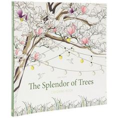 the splendor of trees coloring book is open to reveal an image of a tree with pink flowers