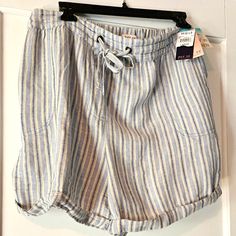 Linen Shorts In Classic Blue And White Stripes. Pockets In Back And At Sides. Cuffed On Bottom. Size Large. New Never Worn. Smoke-Free And Pet Free Home. Light Blue Casual Bottoms For Beach Season, Spring Bermuda Loungewear Bottoms, Light Blue Casual Beach Bottoms, Casual Light Blue Shorts For Vacation, Striped Bottoms With Pockets For Beach Season, Blue Summer Bermuda Shorts For Vacation, Blue Bermuda Shorts For Summer Vacation, Blue Bermuda Shorts For Beach With Pockets, Blue Bermuda Shorts With Pockets For Beach