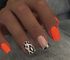 Ktm Nails, Black And Orange Nail Designs, Pink Cheetah Nails, Bright Acrylic Nails, Accent Nail Designs, Gold Glitter Nails, Spring Acrylic Nails, Super Cute Nails, Diy Acrylic Nails