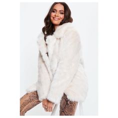 Faux Fur Coat Chic Winter White Outerwear With Faux Fur Trim, Chic Winter White Faux Fur Outerwear, Chic Winter White Outerwear With Faux Fur Lining, Cream Faux Fur Coat, White Faux Fur Coat, Fitted Denim Jacket, Faux Leather Biker Jacket, Faux Suede Jacket, White Faux Fur