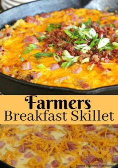 this is an image of a skillet with meat and cheese on it, and the words farmer's breakfast skillet