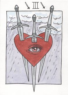 a heart with two swords sticking out of it and an eye in the middle, surrounded by three knives