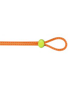 an orange measuring tape with a tennis ball on it