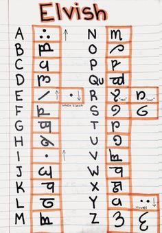 an orange and black handwritten alphabet on top of a piece of paper