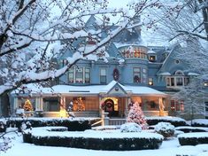 a large blue house with christmas lights on it's windows and trees in the front yard