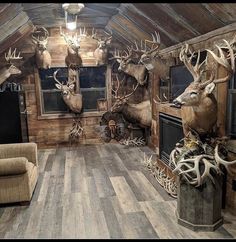 a living room filled with lots of deer heads on the wall and wood flooring