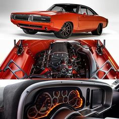 an orange muscle car is shown in three different views, including the engine and dashboard