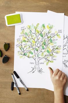 a person is drawing a family tree on paper with markers and marker pens next to it