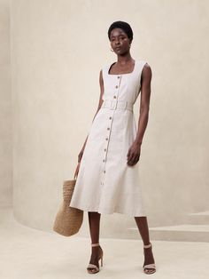 Linen-Blend Button Midi Dress | Banana Republic Factory Luxury Chic Button-up Midi Dress, Luxury Linen Midi Dress For Formal Occasions, Banana Republic Lace Dress, Linen Dress Elegant Classy Midi, Classy Linen Dress, Broadcasting Outfits, Midi Dress Outfit Classy, Mizo Sunday Dress, Banana Republic Outfits