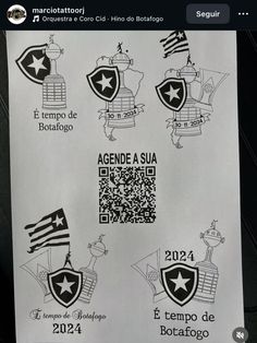 a white paper with black and white designs on it, including the emblems for soccer teams