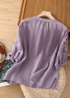 New Purple O Neck Embroideried Side Open Linen Blouse SpringFabric: Cotton 45%, Linen 55%Size & Fit: Fit: This garment fits true to size.Length: Size XL measures 24.57"from shoulder to hemBust: Great for any cup size. Waist: Loose Fit. Comfortable room throughout midsection.Hip: Loose Fit - room for hips. Hand Wash Cold. Comfortable Room, Linen Blouse, Dress Jewelry, Cup Size, Trendy Fashion Women, British Indian, Uganda, Boho Outfits, Summer Outfits