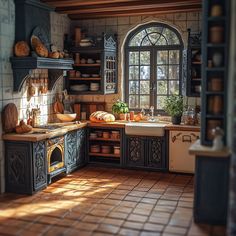 an old fashioned kitchen with lots of counter space and decor on the walls, along with open windows