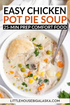 a white bowl filled with chicken pot pie soup