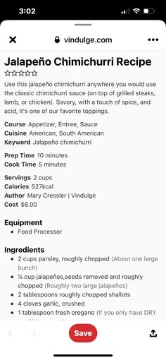 an iphone screen showing the recipe for jalapeno chinchuri