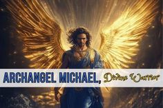 an angel standing in front of the words, michael michael divine center on it's side