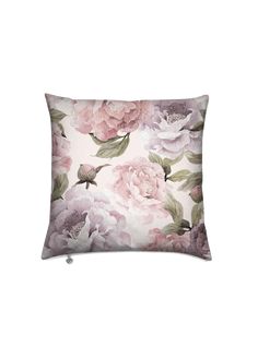 a pink and purple floral pillow on a white background