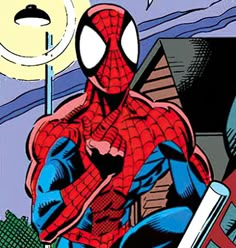 the spider man is sitting in front of a house with his hands on his hips