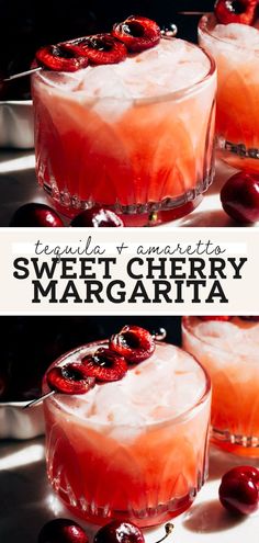 two glasses filled with sweet cherry margaritas on top of a white table next to cherries