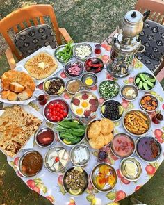 a table full of food sitting on top of a grass covered field