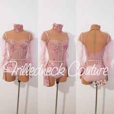 three different views of a mannequin with pink tulle and sequins