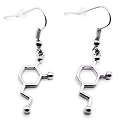 the earrings are made out of metal and have chemical symbols hanging from each earring