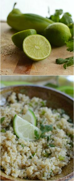 limes and rice in a bowl on a cutting board next to an image of cucumbers