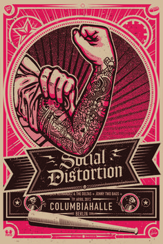 a poster for an event with tattoos on the arm and arms, in pink tones