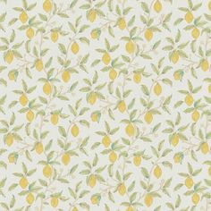 a yellow and green wallpaper with lemons on the branches in pastel colors