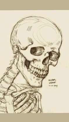 a drawing of a skeleton with his head turned to the side