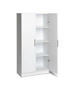 an open white cabinet with shelves and doors