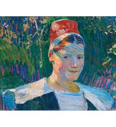 a painting of a woman with a red headband