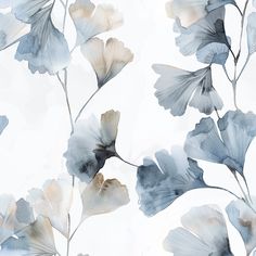 an image of blue and white flowers on a white wallpaper background that looks like watercolor