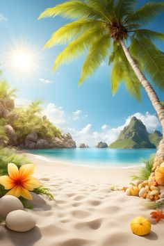 an image of a tropical beach scene with palm trees and flowers on the sand by the water