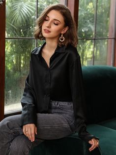 MOTF PREMIUM 100% SILK STRAIGHT FIT BLOUSE Black Silk Top Outfit, Silky Shirt Outfit, Black Silk Blouse Outfit, Black Satin Blouse Outfit, Satin Blouse Outfit Classy, Black Satin Shirt Outfit, Plain Top Outfit, Long Sleeve Blouse Outfit, Black Blouse Outfit