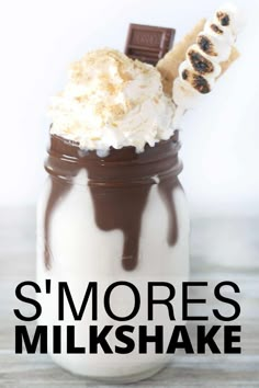 s'mores milkshake in a mason jar with text overlay