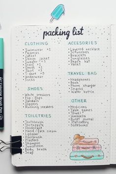 Bullet Journal Vacation, Bullet Journal Packing List, Packing List Ideas, Packing Checklist, Bullet Journal Notebook, Bullet Journal Writing