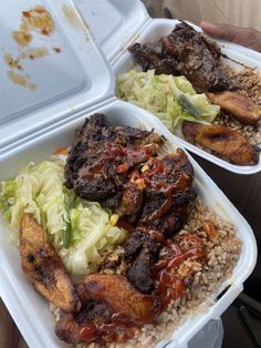 two takeout containers filled with meat, rice and veggies on top of each other