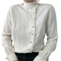 Vintage Ellen Tracy White Romantic Dark Academia Floral Button Blouse Sz S Will best fit a size S Color: white  Closure: button  High neck  Sheer  Note, there is a missing bottom button (pic 9) Collar to hem: 24" Pit to pit: 18"  Sleeve: 23"  Modeled on a medium/size 6/ 5 foot 7/ 140lbs/ 34 C/ 28" inch waist White Long Sleeve Blouse With Button Closure, Elegant Buttoned Shirt For Fall, Long Sleeve Tops With Pearl Buttons For Work, Elegant Shirt With Buttons For Fall, Long Sleeve Work Tops With Pearl Buttons, Elegant Shirt For Fall, Chic Button-up Tops With Pearl Buttons, Elegant Cream Button-up Top, Fall Workwear Tops With Pearl Buttons