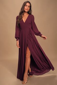 Glam Plum Dress - Wrap Maxi Dress - Long Sleeve Dress - Lulus Wrap Maxi Dress Long Sleeve, Twirly Dress, Plum Dress, Prom Dress Stores, Lulus Dresses, Long Sleeve Wrap Dress, Formal Dresses Gowns, Whole Heart, Formal Dresses For Women