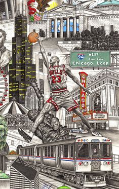 a drawing of a basketball player jumping over a train in front of a tall building