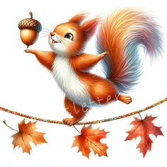 a painting of a squirrel holding an acorn and hanging from a line with autumn leaves